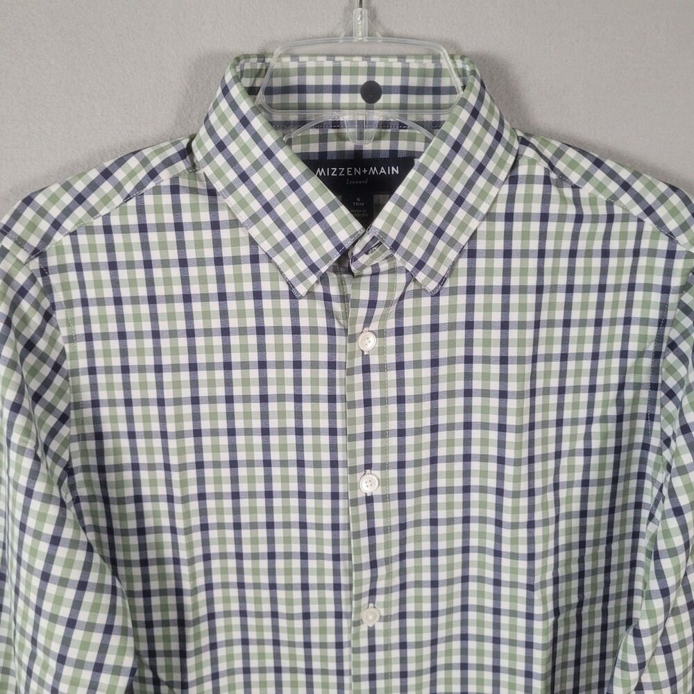 NWOT Mizzen Main Leeward Performance Shirt Mens S White Blue Green Plaid TrimFit